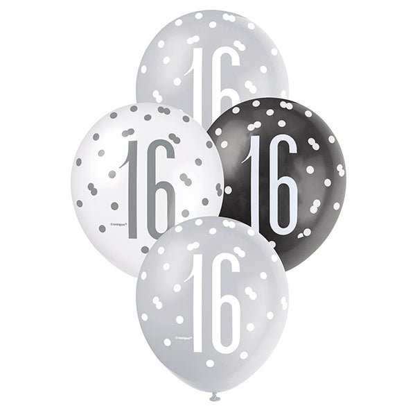 "16" Black, Silver & White Assorted Balloons 30cm (Pack of 6) - The Party Marketplace