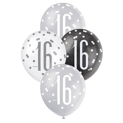 "16" Black, Silver & White Assorted Balloons 30cm (Pack of 6) - The Party Marketplace
