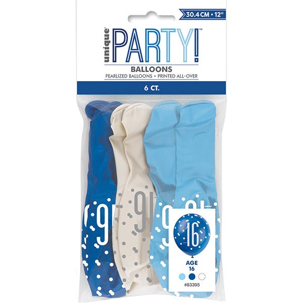"16" Blue & White Assorted Balloons 30cm (Pack of 6) - The Party Marketplace