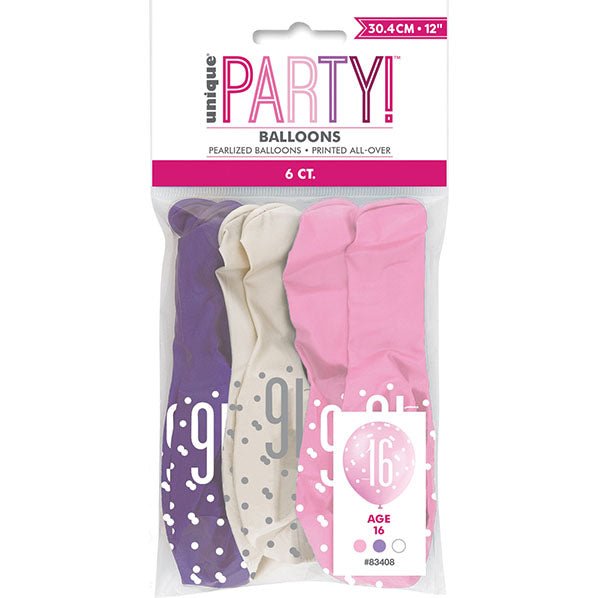 "16" Pink, Purple & White Assorted Balloons 30cm (Pack of 6) - The Party Marketplace