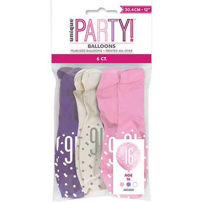 "16" Pink, Purple & White Assorted Balloons 30cm (Pack of 6) - The Party Marketplace