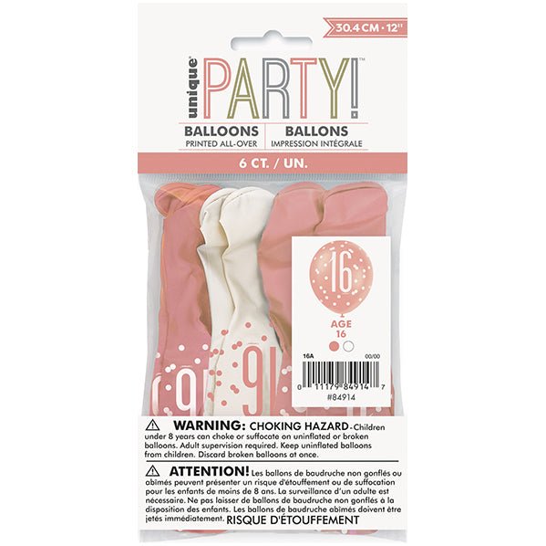 "16" Rose Gold & White Assorted Balloons 30cm (Pack of 6) - The Party Marketplace