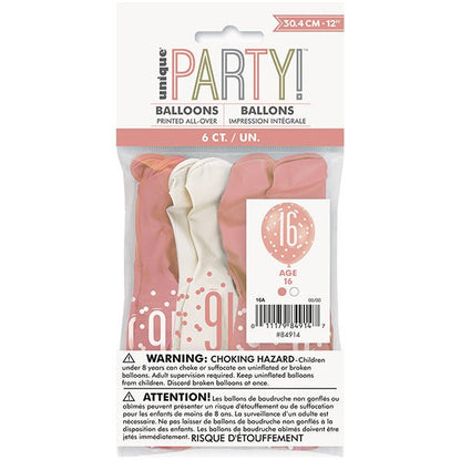 "16" Rose Gold & White Assorted Balloons 30cm (Pack of 6) - The Party Marketplace