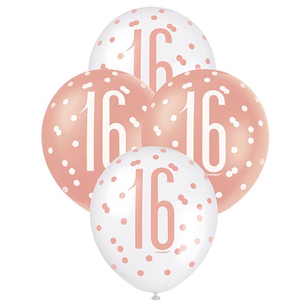 "16" Rose Gold & White Assorted Balloons 30cm (Pack of 6) - The Party Marketplace