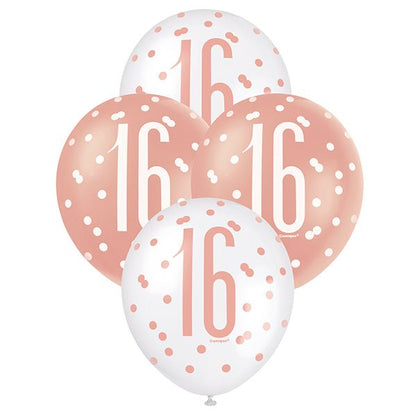 "16" Rose Gold & White Assorted Balloons 30cm (Pack of 6) - The Party Marketplace