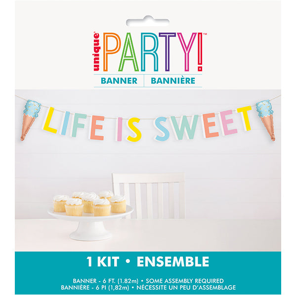 "Life is Sweet" Letter Banner With Ice Cream Cone Foil Balloons - 1.82m