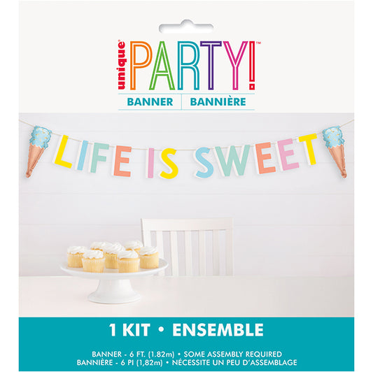 "Life is Sweet" Letter Banner With Ice Cream Cone Foil Balloons - 1.82m