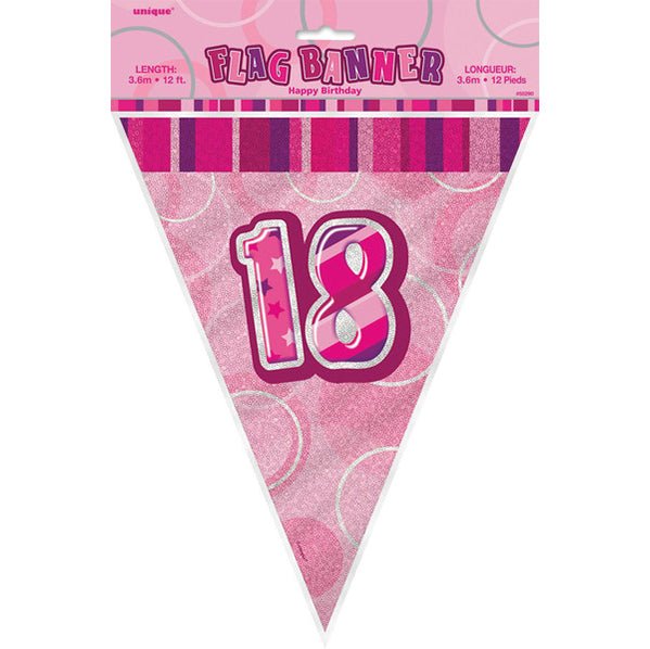"18" Glitz Pink Flag Banner - 3.65m - The Party Marketplace