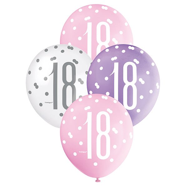 "18" Pink, Purple & White Assorted Balloons 30cm (Pack of 6) - The Party Marketplace