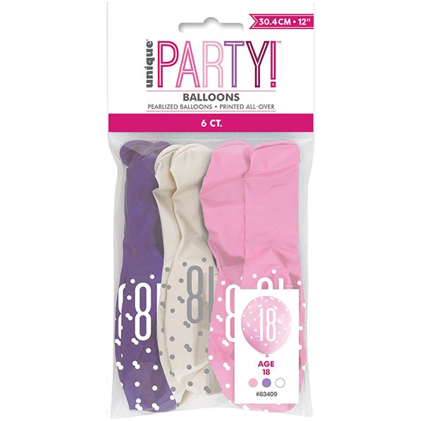 "18" Pink, Purple & White Assorted Balloons 30cm (Pack of 6) - The Party Marketplace