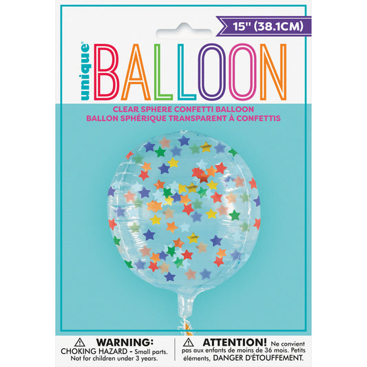 Clear Sphere Helium Balloon Filled with Star Confetti - 38.1cm