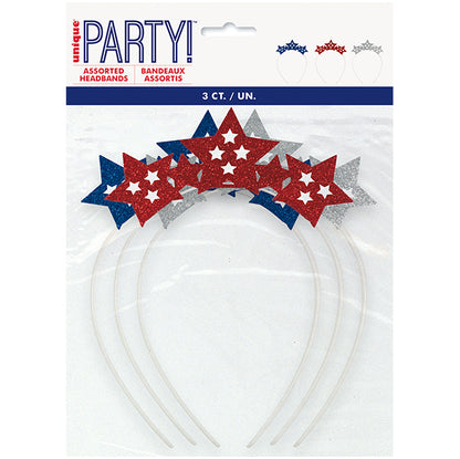 3 Star Party Headbands - Silver, Red & Blue