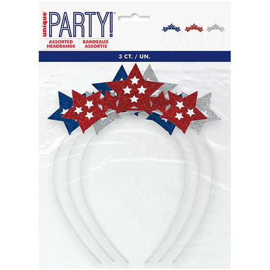 3 Star Party Headbands - Silver, Red & Blue