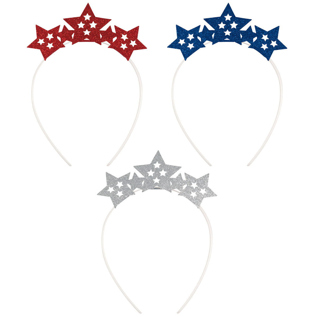 3 Star Party Headbands - Silver, Red & Blue