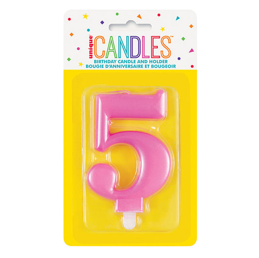 Metallic Pink Numeral Candle - 5