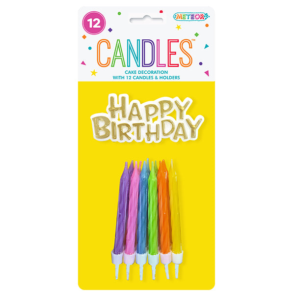 12 Candles & Holders With Gold Happy Birthday Topper