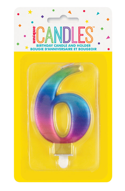 Metallic Rainbow Numeral Candle - 6