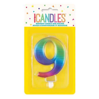 Metallic Rainbow Numeral Candle - 9