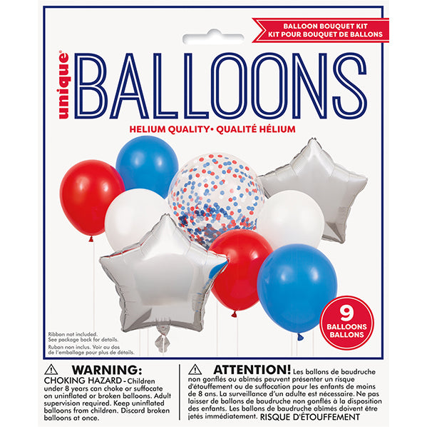 Balloon Bouquet Kit - Silver, Red & Blue (9 piece set)