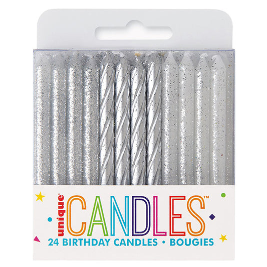 Silver & Silver Glitter Assorted Spiral Candles (Pack of 24)