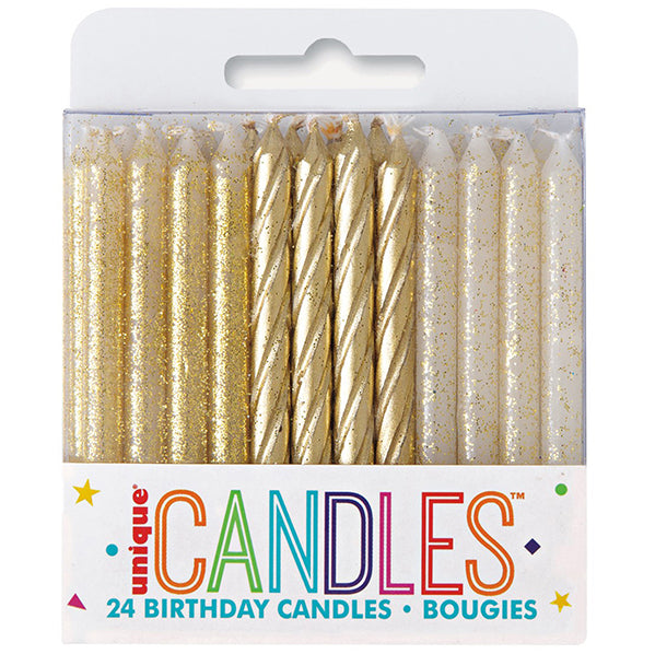 Gold & Gold Glitter Assorted Spiral Candles (Pack of 24)