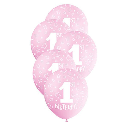 "1st Birthday" Lovely Pink Pearl Balloons 30cm (Pack of 5) - The Party Marketplace