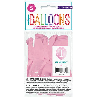 "1st Birthday" Pink Gingham Balloons 30cm (Pack of 5) - The Party Marketplace