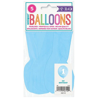 "1st Birthday" Powder Blue Pearl Balloons 30cm (Pack of 5) - The Party Marketplace