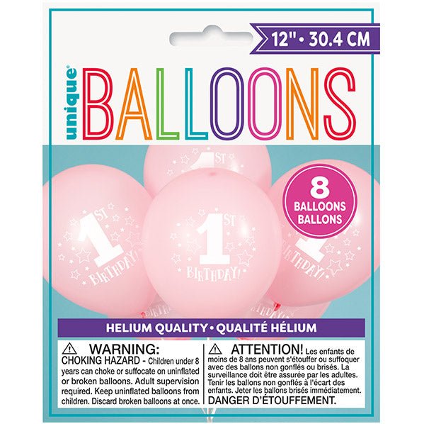 "1st Birthday Stars" Pink Balloons 30cm (Pack of 8) - The Party Marketplace