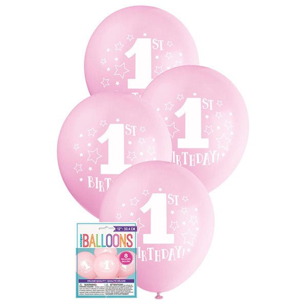 "1st Birthday Stars" Pink Balloons 30cm (Pack of 8) - The Party Marketplace