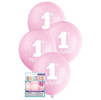 "1st Birthday Stars" Pink Balloons 30cm (Pack of 8) - The Party Marketplace