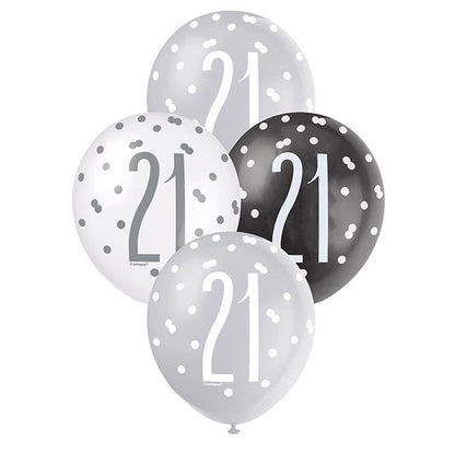 "21" Black, Silver & White Assorted Balloons 30cm (Pack of 6) - The Party Marketplace