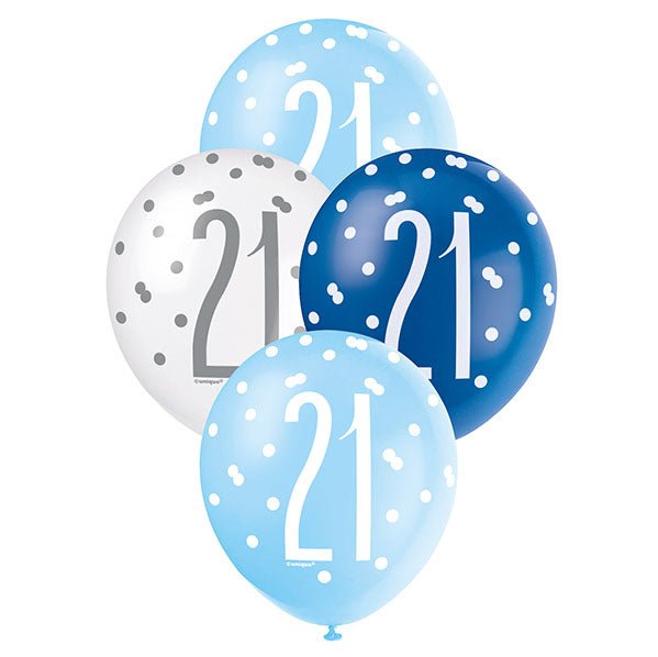 "21" Blue & White Assorted Balloons 30cm (Pack of 6) - The Party Marketplace