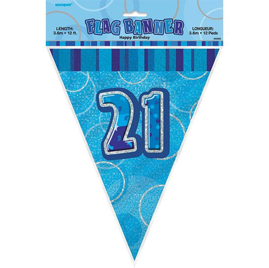 "21" Glitz Blue Flag Banner - 3.65m - The Party Marketplace