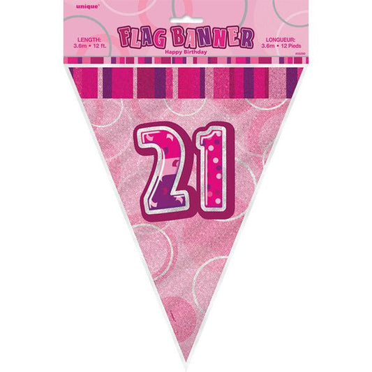 "21" Glitz Pink Flag Banner - 3.65m - The Party Marketplace
