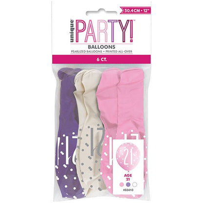 "21" Pink, Purple & White Assorted Balloons 30cm (Pack of 6) - The Party Marketplace
