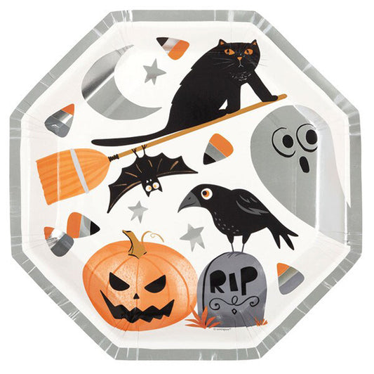 Bats & Boos Halloween Foil Stamped Octagonal Shaped Paper Plates 23cm (Pack of 8)