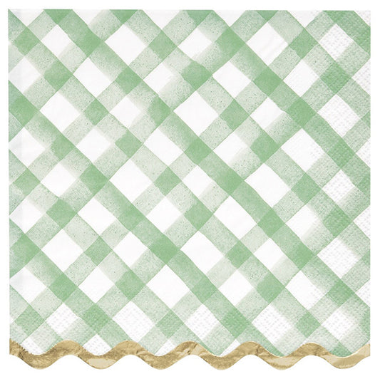 Green Gingham Plaid Gold Foil Stamped Scalloped Edge Luncheon Napkins (Pack of 16)