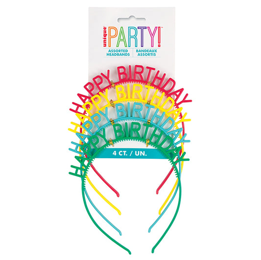 Bright Colourful "Happy Birthday" Headbands (Pack of 4)