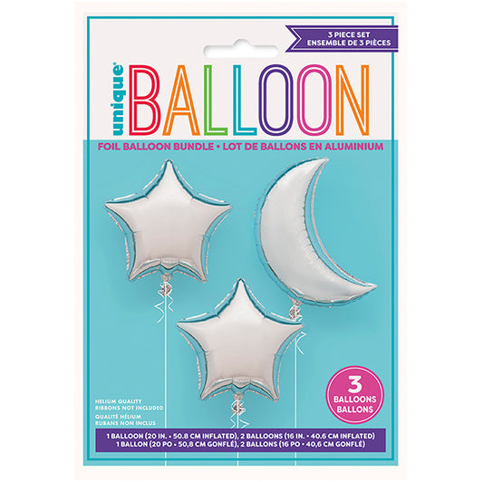 Foil Balloon Kit "Silver Moon & Stars" (3 piece set)