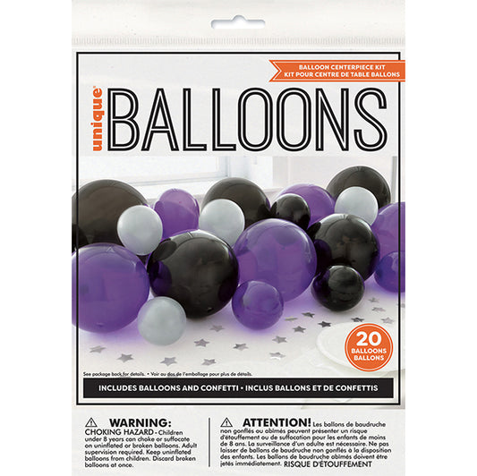 Balloon & Confetti Centrepiece Kit - Black, Purple & Silver (20 piece set)