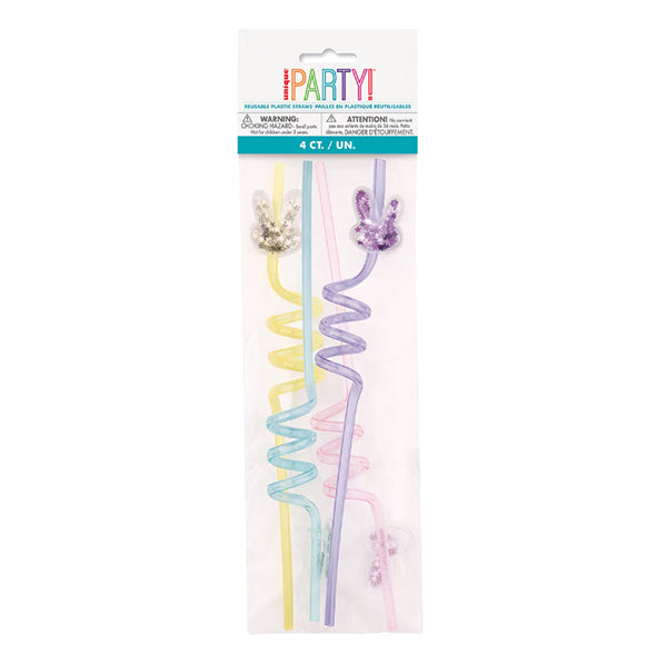 Glitter Easter Bunny Reusable Plastic Spiral Straws - Assorted Colours (Pack of 4)