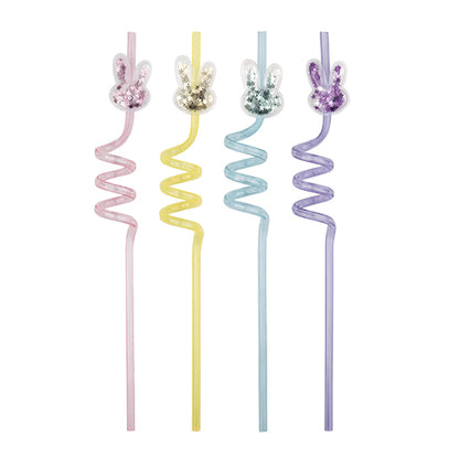 Glitter Easter Bunny Reusable Plastic Spiral Straws - Assorted Colours (Pack of 4)