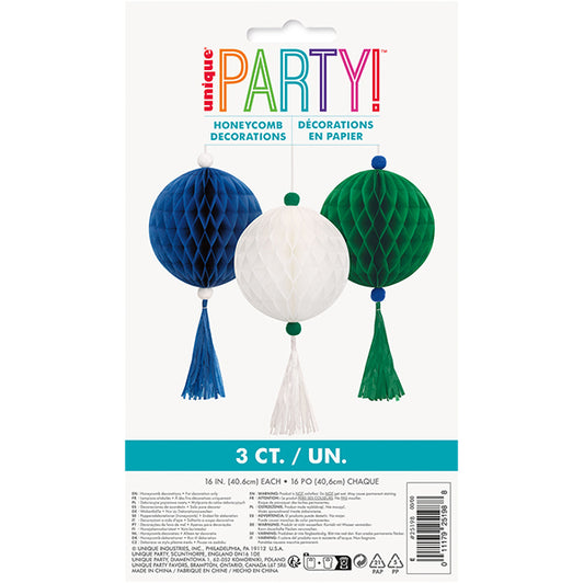 Blue, White & Green Honeycomb Decorations with Tassels - 40.6cm (Pack of 3)