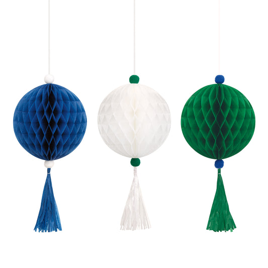 Blue, White & Green Honeycomb Decorations with Tassels - 40.6cm (Pack of 3)