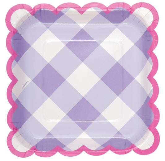 Pastel Gingham Purple Scalloped Edge Square Paper Plates 18cm (Pack of 8)