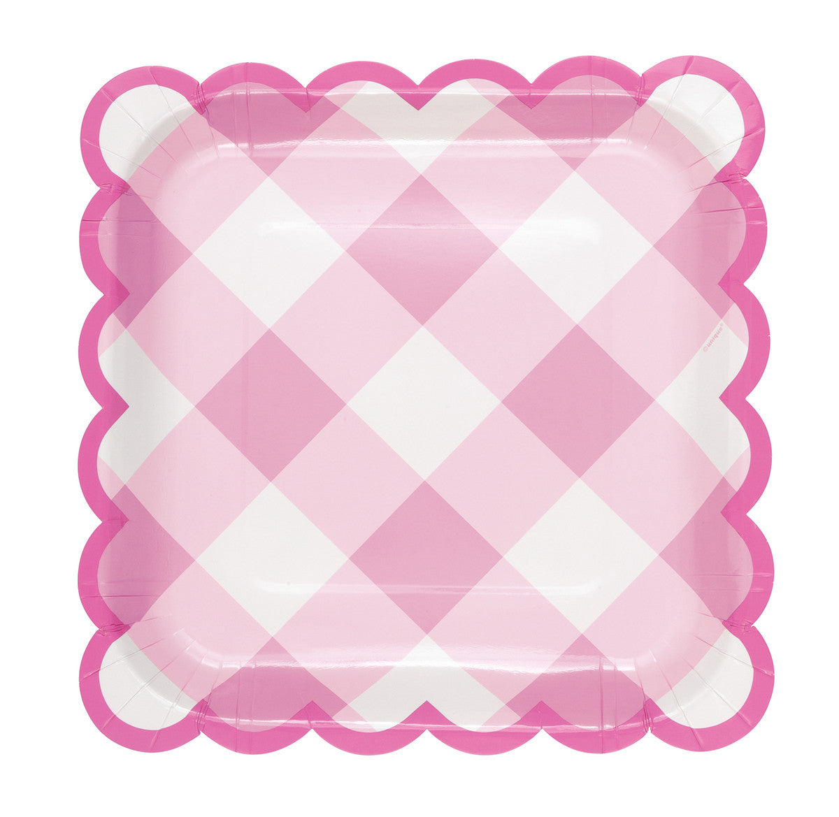 Pastel Gingham Pink Scalloped Edge Square Paper Plates 23cm (Pack of 8)