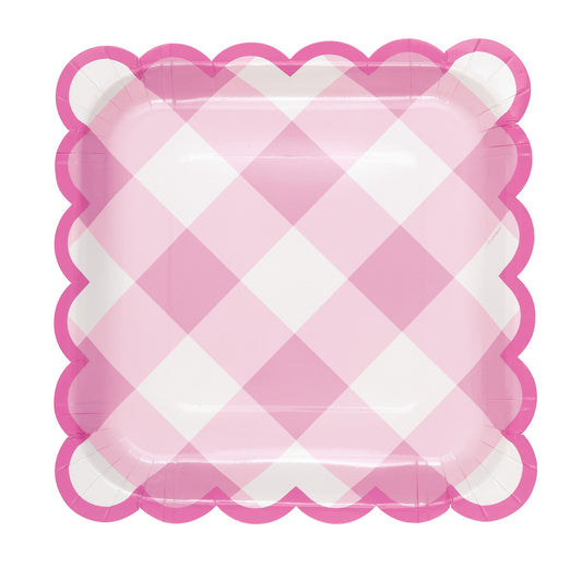 Pastel Gingham Pink Scalloped Edge Square Paper Plates 23cm (Pack of 8)