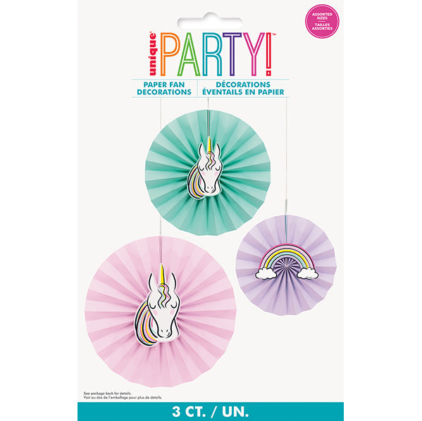 Unicorn Paper Fans - Assorted Sizes (Pack of 3)