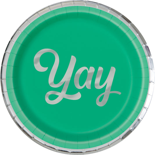 Green & Silver "Yay" Foil Stamped Paper Plates 18cm (Pack of 8)